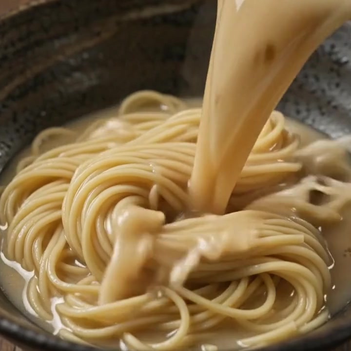 Broth poured over noodles